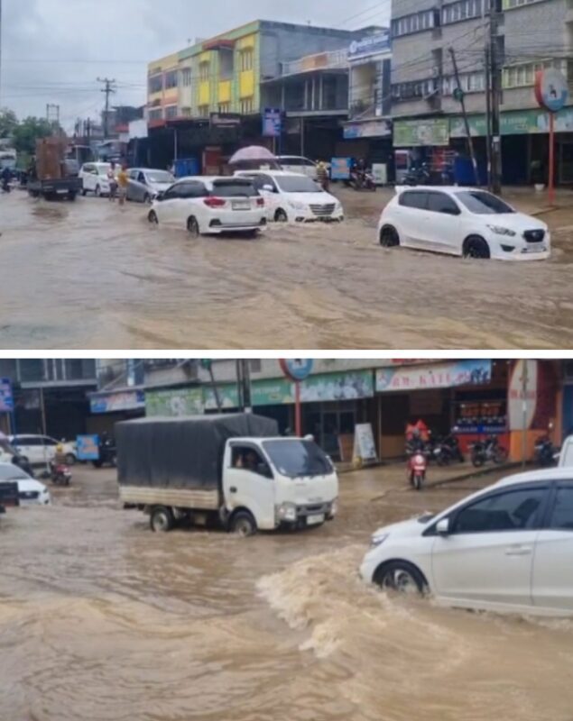 Banjir Setinggi Lutut Genangi Jalan Pangeran Hidayat Pal 7 Kenali Asam, Warga Keluhkan Minimnya Perhatian Pemerintah