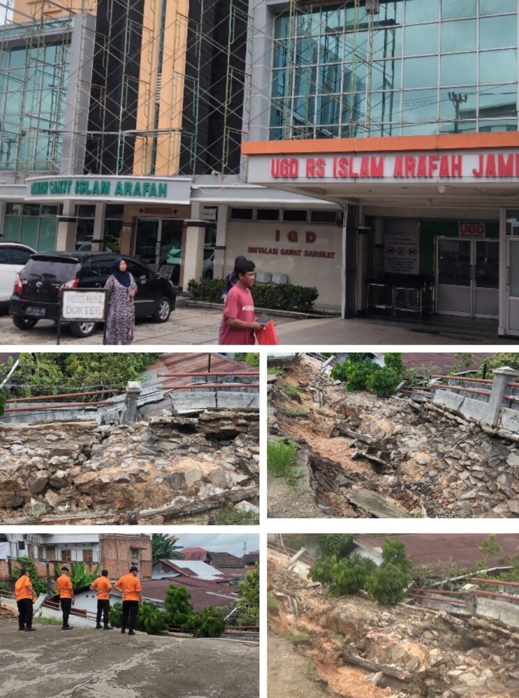 Longsor Robohkan Pagar Parkiran Rumah Sakit Arafah,Diduga Tujuh Warga Jadi Korban