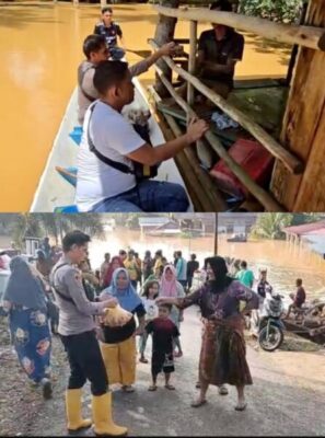 Momen Kapolsek Batin VIII Terobos Banjir Gunakan Perahu, Kirim Bantuan Makanan dan Air Bersih ke warganya yang terisolasi.
